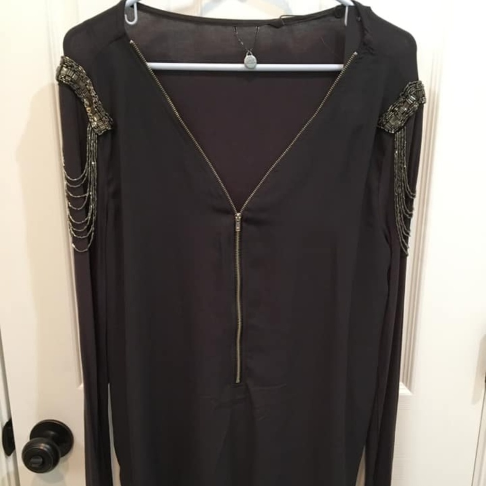 Buckle Gimmicks Gray Zippered Beaded Blouse